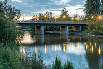 Poster - Tranquil evening scene of a bridge spanning a calm river, illuminated by soft lights, reflecting on the water's surface amidst lush green vegetation.