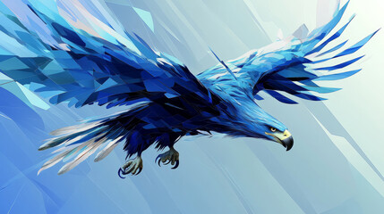 Wall Mural - Eagle in flight from abstract polygonal points blue. Low poly eagle in motion, lines and connected to form, vector illustration.