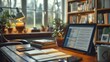 © visoot - A tablet on a desk surrounded by study materials, displaying split screens with a note-taking app and a digital textbook. The setting reflects a modern study environment.