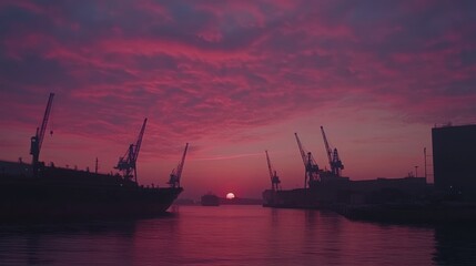 Poster - Dramatic sunset over harbor with cargo ships and cranes.