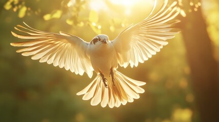 Aufkleber - White bird in flight, wings spread wide, backlit by golden sunlight.