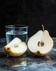 Poster - Halved pear beside glass of water on dark surface.