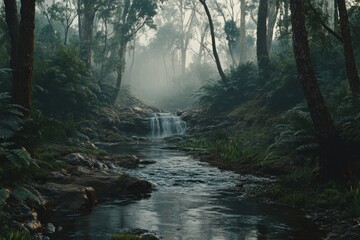 Poster - Misty forest stream with waterfall, lush ferns, and tall trees.
