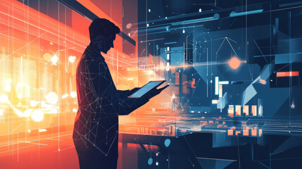 Poster - Abstract digital businessman with tablet uses chatbot app. Concept of Artificial Intelligence and technology innovation in the modern business world. Futuristic low poly wireframe vector illustration