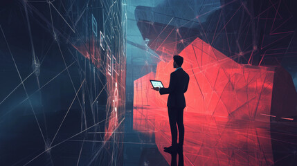 Poster - Abstract digital businessman with tablet uses chatbot app. Concept of Artificial Intelligence and technology innovation in the modern business world. Futuristic low poly wireframe vector illustration
