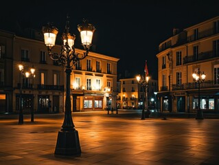 Poster - Elegant nighttime square with ornate lampposts illuminating classic European architecture.