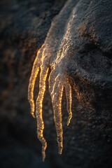 Poster - Golden icicles clinging to a dark rock, illuminated by sunlight.