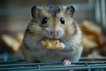 Poster - Close-up of an adorable hamster happily munching on a small piece of food inside its cage.