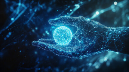 Poster - Abstract Digital Human Hand Touching on Glowing Dot. Low Poly Vector Illustration on Dark Blue Technological Background. Light Wireframe Connection Structure. Futuristic Technology Concept. 