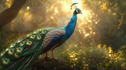 Wall Mural - A green peacock, elegant peacock, lush grassland, verdant trees, feathers shimmering in the sunlight.