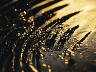 Aufkleber - Golden liquid splashing on dark surface, creating abstract patterns and textures.