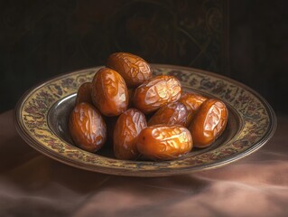 Poster - Close-up of a pile of sweet dates on an ornate plate.
