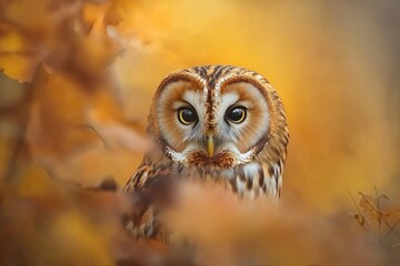 Poster - Ural owl perched amidst autumn leaves, gazing directly at the camera.
