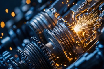 Aufkleber - Close-up of metallic gears and shafts with sparks.