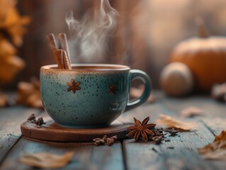 Poster - Steaming autumn spiced tea in a blue mug on rustic wood, surrounded by cinnamon, star anise, and fall leaves.
