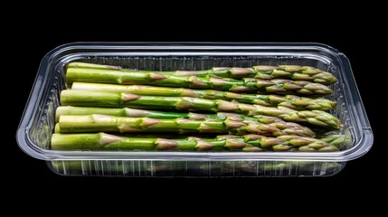 Wall Mural - Fresh green asparagus spears in a clear plastic container, isolated on black background.