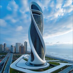 Aufkleber - A modern skyscraper, similar to a knife, with a white stone on the facade.