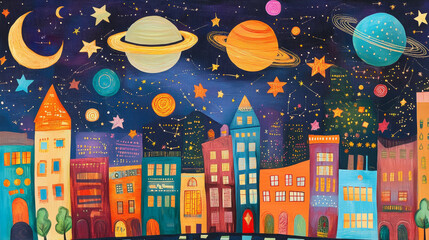 Poster - Abstract image of a cityscape in the form of a starry sky or space, consisting of points, lines, and shapes in the form of planets, stars and the universe. Big city vector wireframe concept