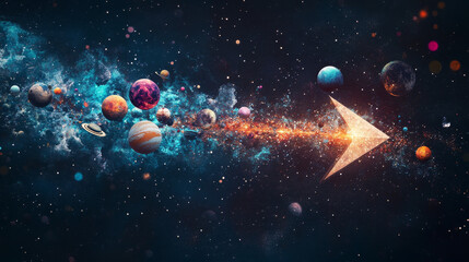 Poster - abstract image of a arrow in the form of a starry sky or space, consisting of points, lines, and sha