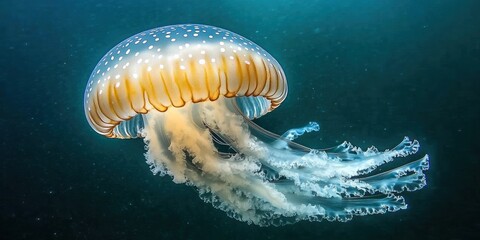 Poster - Majestic jellyfish underwater, showcasing its translucent bell, vibrant orange stripes, and flowing tentacles.