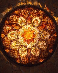 Aufkleber - Intricate amber stained glass ceiling detail, illuminated from above, showcasing floral patterns and textures.