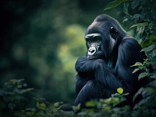 Poster - A pensive gorilla sits amidst lush green foliage in a dark forest.