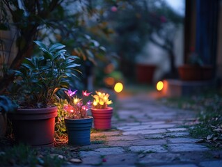 Poster - Illuminated flower pots on a garden path at dusk.
