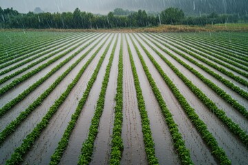 Poster - Aerial view of flooded agricultural field with rows of crops during heavy rainfall.
