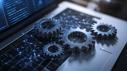 Poster - Gears. Computer service concept. Gearing on laptop. Vector low poly wireframe in the form of a starry sky or space, consisting of points, lines, and shapes in the form of stars with destruct shapes.