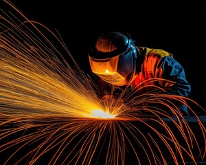 Aufkleber - Welder at work, sparks flying, night scene.