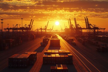 Poster - Dramatic sunset over a busy container port with numerous cranes and cargo containers.