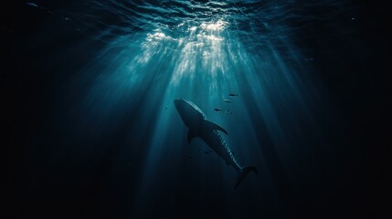 Poster - Majestic whale shark silhouetted against sunbeams penetrating deep ocean water, small fish nearby.