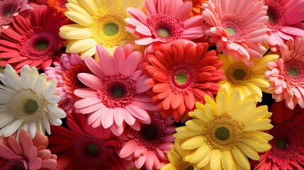 Wall Mural - Stunning close up of vibrant gerbera daisies in a harmonious mix of red pink orange and yellow hues bathed in the warm glow of natural sunlight creating a beautiful and captivating floral display