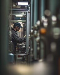 Poster - Technician inspecting industrial machinery in a factory.
