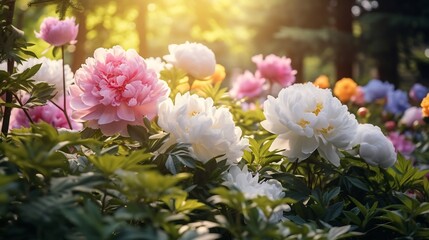 Wall Mural - Delicate and Vibrant Peonies Blooming in a Verdant Garden Softly Illuminated by Warm Sunlight Filtering Through the Verdant Foliage