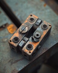 Aufkleber - Close-up of rusty, vintage metal hinge mechanism on a metallic surface.