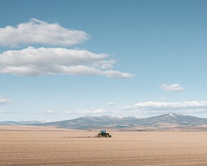 Poster - Tractor working a vast, flat field under a clear blue sky with distant mountains.