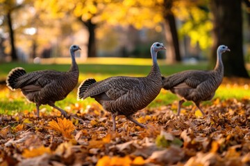 Poster - Three wild turkeys stroll through autumn leaves in a park.