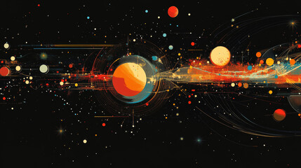 Poster - Abstract image of rocket of a starry sky or space, consisting of points, lines, and shapes in the form of planets, stars and the universe. Vector business