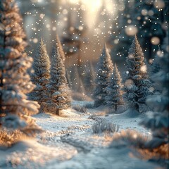Poster - A miniature snowy forest, soft snowfall in motion, detailed frosted pine trees, and a magical toy-like aesthetic. The ground is covered in fine snowflakes, shimmering under a soft, diffused light.