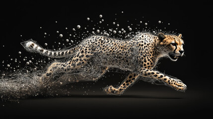 Wall Mural - Low poly cheetah in motion. Vector mesh spheres from flying debris. Guepard jumping polygonal thin line concept.