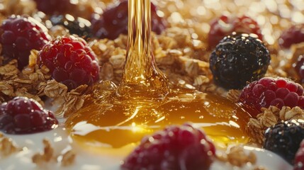 Sticker - Honey pouring onto yogurt with granola and berries.