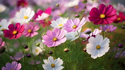 Wall Mural - Closeup of delicate cosmos flowers in soft pink white and purple shades blooming in a lush green field creating a serene and romantic natural landscape