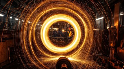 Poster - Glowing sparks swirl around a worker in a metal factory.