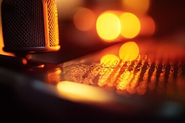 Aufkleber - Close-up of a microphone on a music keyboard with blurred warm lights in the background.