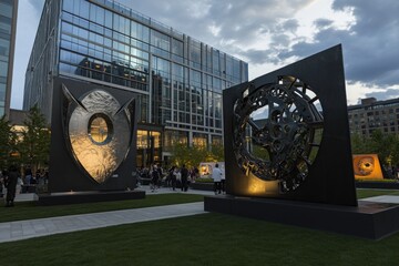 Poster - Modern sculptures in urban park at dusk, people viewing art installations.