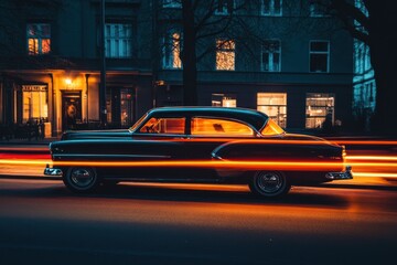 Poster - Classic car driving at night on city street with light trails.
