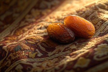Poster - Two ripe dates rest on a richly patterned carpet, bathed in warm sunlight.