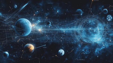 Poster - Abstract image of a growth chart in the form of a starry sky or space, consisting of points, lines, and shapes in the form of planets, stars and the universe. Vector wireframe concept.