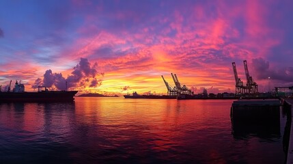 Poster - Vibrant sunset over a harbor with cargo ships and cranes.